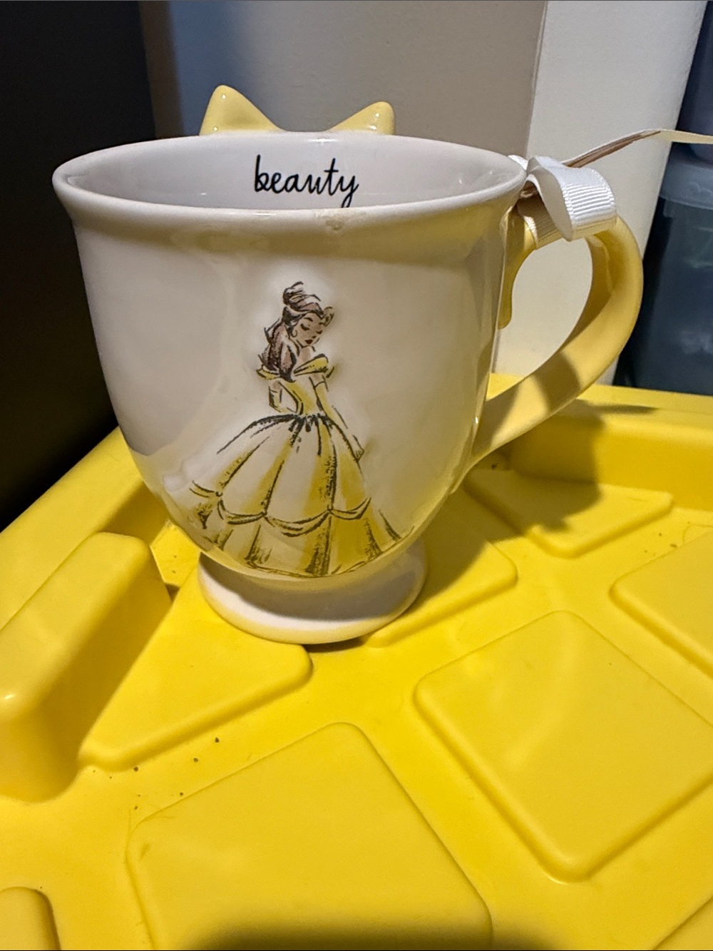 Rae Dunn Disney Belle "Beauty" Footed Mug with Yellow Figural Bow NWT